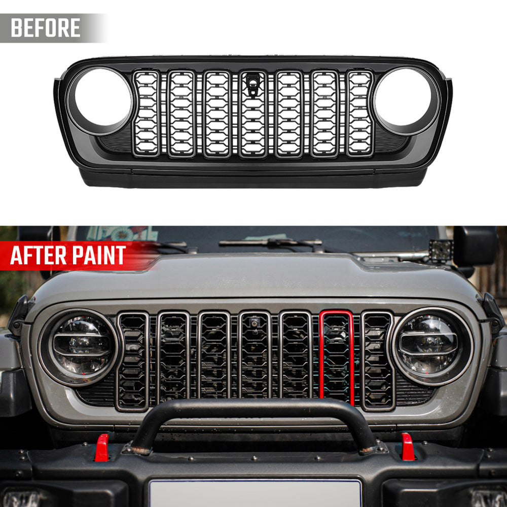 Front Mesh Grille Grid Grill for 2018-2024 Jeep Wrangler Rubicon Sahara Sport JL/JT Grill With Camera Hole Black Plastic