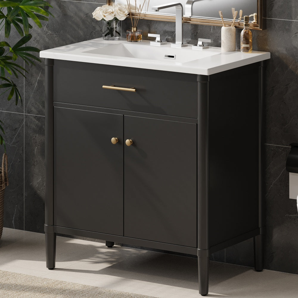 30" Modern Bathroom Vanity with Ceramic Sink, Bathroom Vanity Cabinet with Tempered Blurred Glass and Matte Black Handles, Equipped with Large Storage Space and Rubber Wood Frame, White