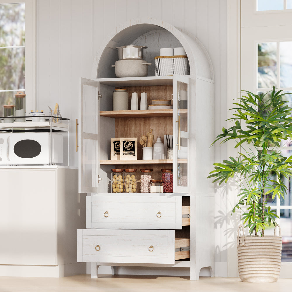 K&K 71" Tall Arched Kitchen Pantry Cabinet with 2 Large Drawers, Modern Farmhouse Kitchen Storage Cabinets with Adjustable Shelves, Glass Door, Wood Versatile Cupboard for Kitchens, Dining Room, White