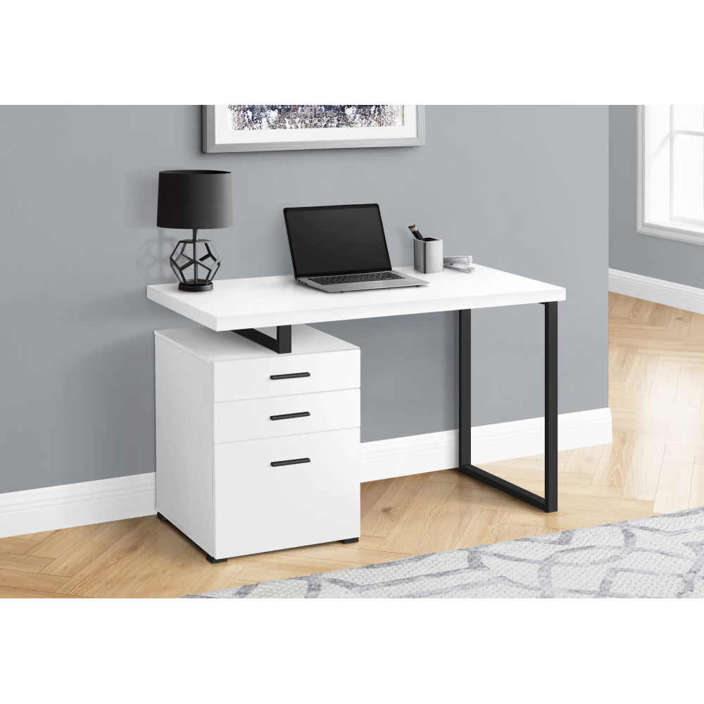 Computer Desk, Home Office, Laptop, Left, Right Set-up, Storage Drawers, 48"l, Work, White Laminate, Black Metal, Contemporary, Modern