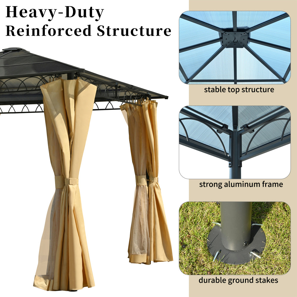 TREXM 10'x10' Hardtop Outdoor Gazebo with Polycarbonate Roof, Patio Gazebo with Aluminum Frame, Mosquito Netting and Privacy Screens for Shade and Rain, Backyard Tent for Backyard, Garden, Lawn(Beige)