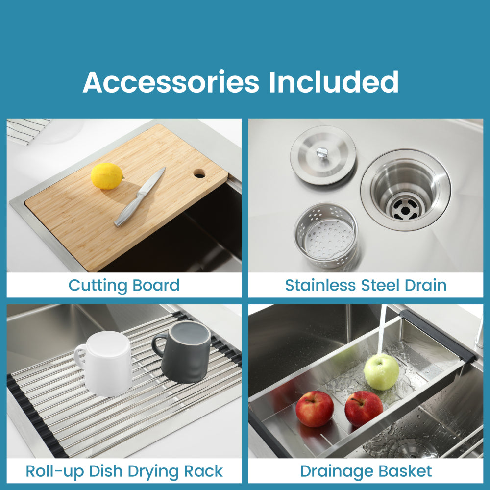Stainless Steel Kitchen Sink, 33″x22″ Single Bowl, Overmount Handmade Sink in Brushed, with Cutting Board, Colander, SS-BR01D-332208