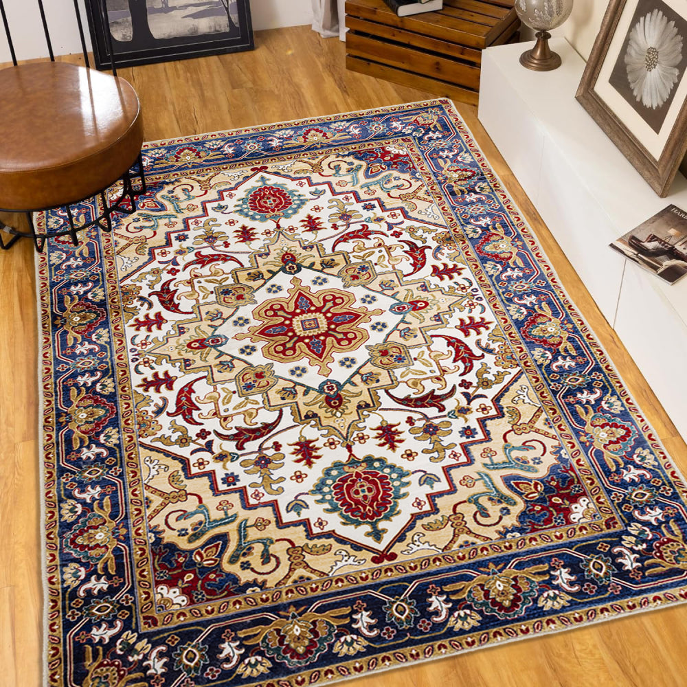 Area Rug 5x7 Vintage Bohemia Large Persian Non-slip Washable Rug For Living Room Kitchen Bedroom Living Room Flower Design Blue/Gold