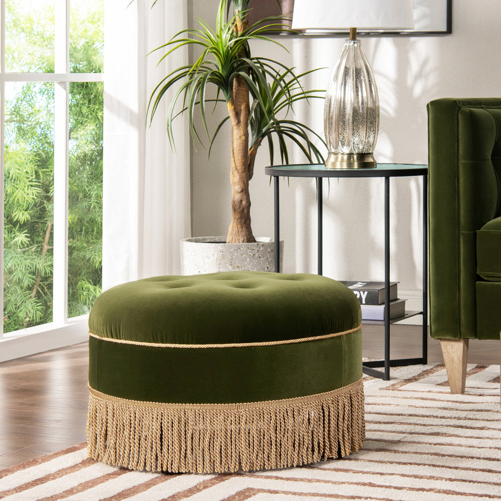Yolanda 24" Round Upholstered Accent Ottoman, Peach Orange Velvet with Gold Trim