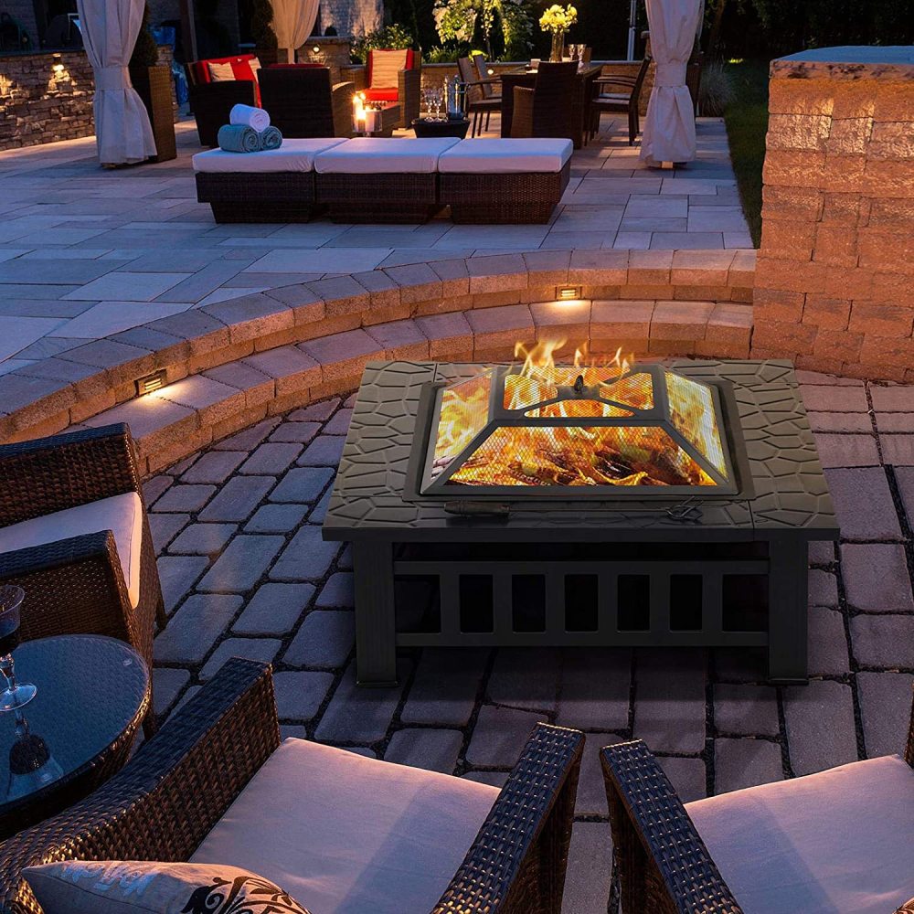 Fire Pit Table 32in Square Metal Firepit Stove Backyard Patio Garden Fireplace for Camping, Outdoor Heating, Bonfire and Picnic