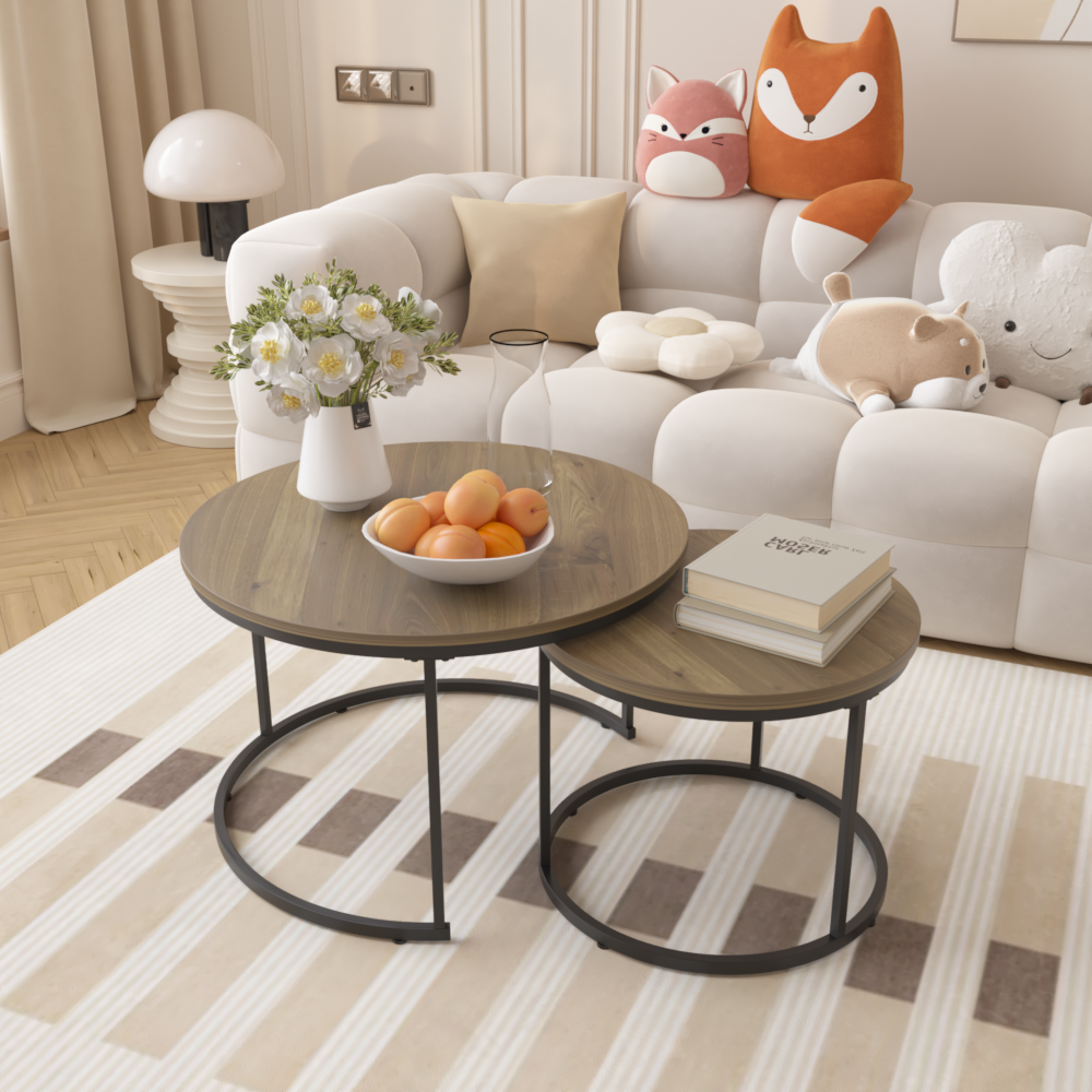 Nesting Coffee Table Set of 2, 27.6inch Round Coffee Table Wood Marble Pattern Top with Sturdy Metal Frame, End Table Side Tables for Living Room Bedroom Balcony Yard (White)