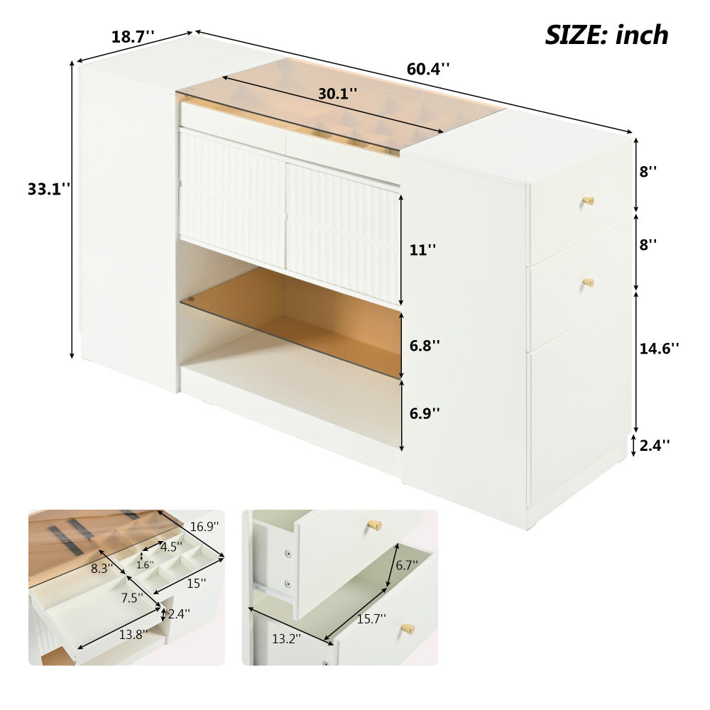 Modern Luxury Multi-Functional Island Vanity Dresser and Storage Cabinet with Glass Tabletop, Display Cabinet, 6 Drawers for Walk-in-Wardrobe and Bedroom
