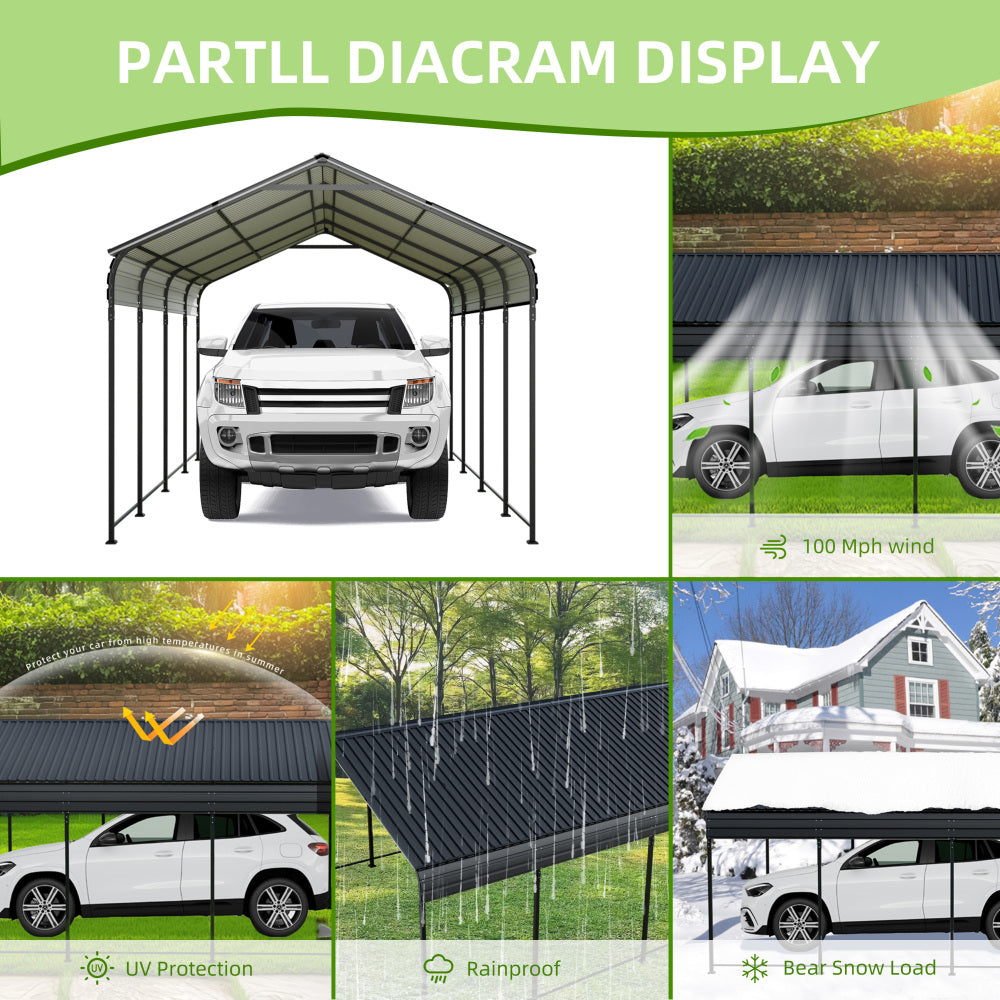 12X20 FT Metal Carport, Outdoor Car Shelter All Weather, Heavy Duty Outdoor Galvanized Car Shelter for Car Boat Truck and SUVs Black