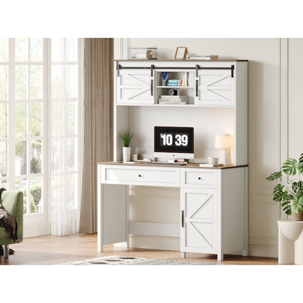 47" Farmhouse Executive Desk with Drawers, Wood Home Office Desk w/Charging Station, File Drawer, Storage Cabinet, Rustic Computer Writing Desk. White 47.24''W x 19.69''D x 67.91''H.