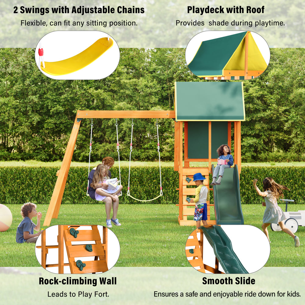 Wooden Outdoor Swing Set 3 in 1 Swing Set outdoor Children's Playset with Slide, 2 Swings and Climber for Garden, Backyard and Playground, Green