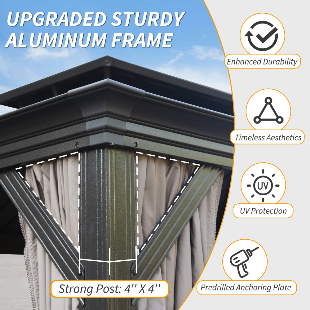 10' X 14' Hardtop Gazebo, Upgraded Metal Gazebo with Drainage System, Dual-Layer Galvanized Steel Roof, Curtain and Netting, Outdoor Shelter Canopy for Patio, Garden, and Backyard, Brown