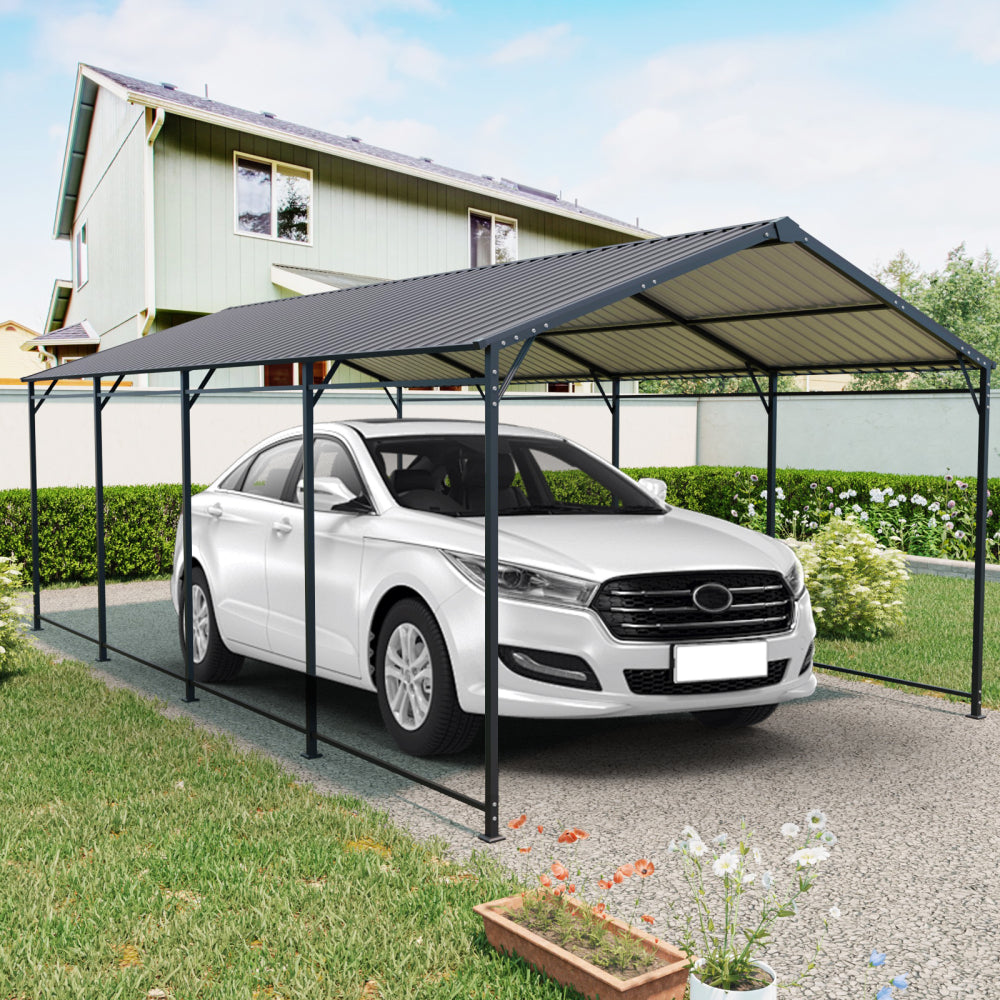 12*32 FT Carport, Heavy Duty Carport with Galvanized Steel Roof and Frame, Metal Carport Large Garage with 4 Fixed inclined square tube supports