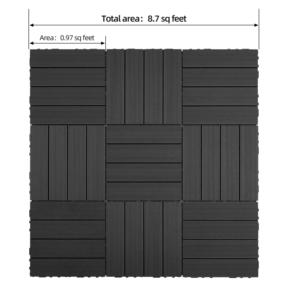 9 PCS heavy-duty & recyclable Wood-Plastic DIY Interlocking Deck Tiles 11.8" x 11.8"- Waterproof Outdoor and Indoor Flooring for Patio, Balcony, Porch, Backyard, Bedroom (Black)