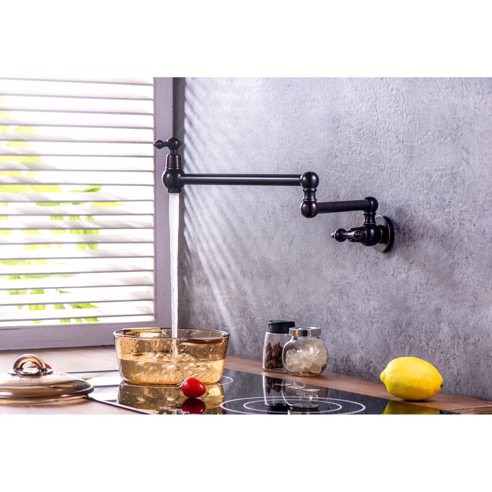 Pot Filler Faucet - Wall Mount Kitchen Sink Faucet Folding Stretchable with Single Hole Two Handles, Brushed Nickel