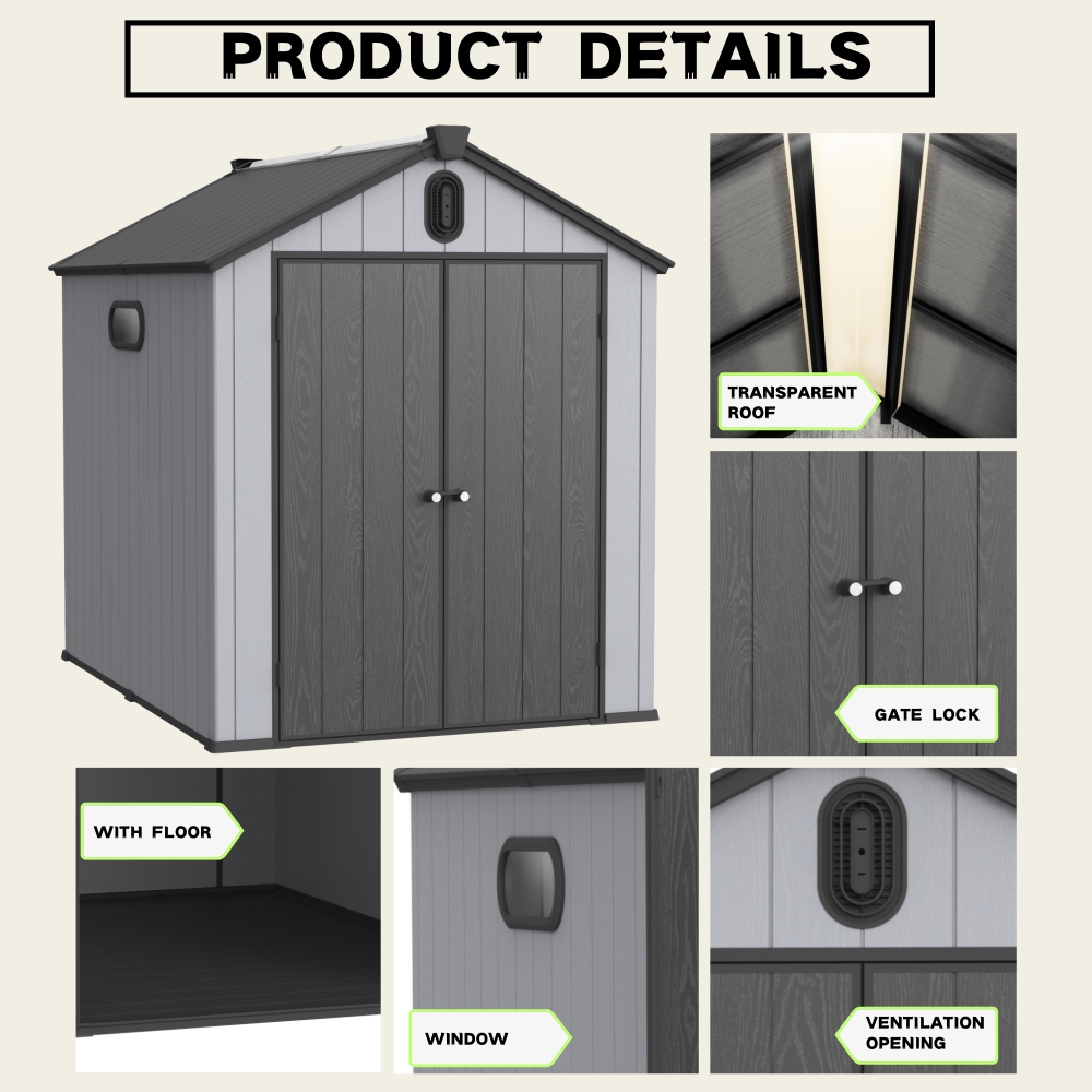 XWT012-1 6*8ft resin plastic storage shed for backyard garden big spire Tool storage