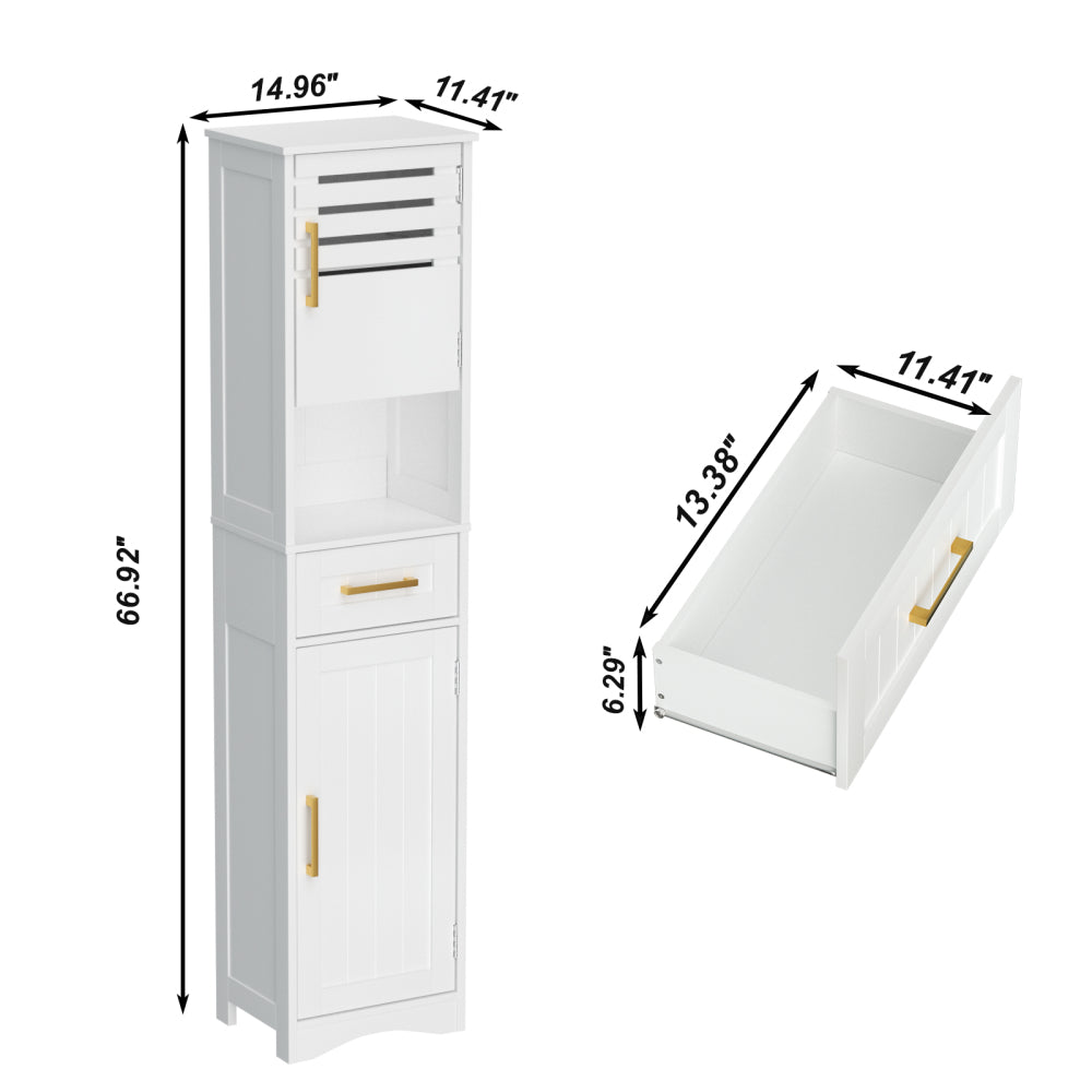 Tall Bathroom Floor Storage Cabinet,Narrow Slim Freestanding Cabinet with 1 Drawer and 2 Doors Storage Cabinet with 5 Adjustable Height Shelf, 15 x 12 x 67Inches, White