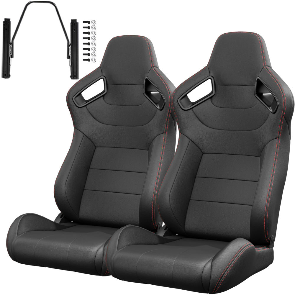 2PC New Universal Bucket Racing Seats Red Stitch Red PVC Leather Reclinable Carbon Look Leather Back With Adjustor Slider(Not Including Seat Bracket ) 1 box of 2 pieces