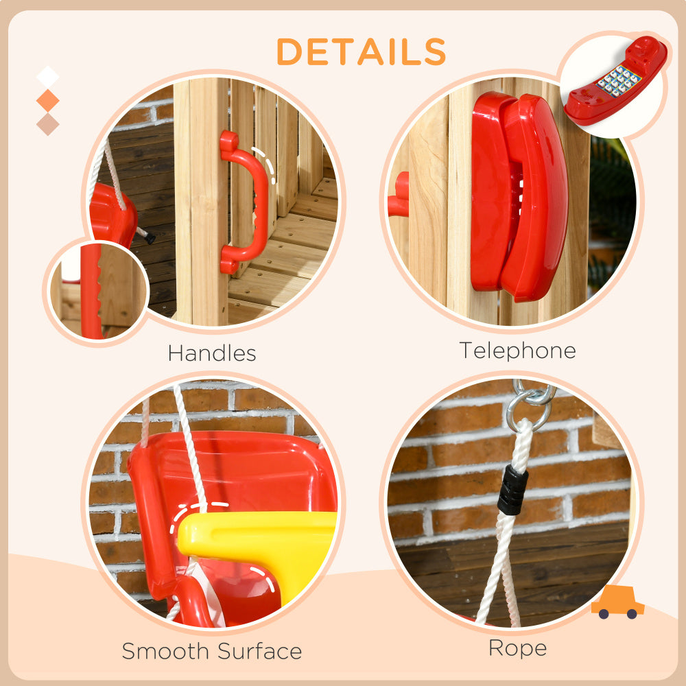 Outsunny 4 in 1 Wooden Swing Set Outdoor Playset with Baby Swing Seat, Toddler Slide, Captain's Wheel, Horn, Kids Backyard Playground Equipment, Ages 1.5-4
