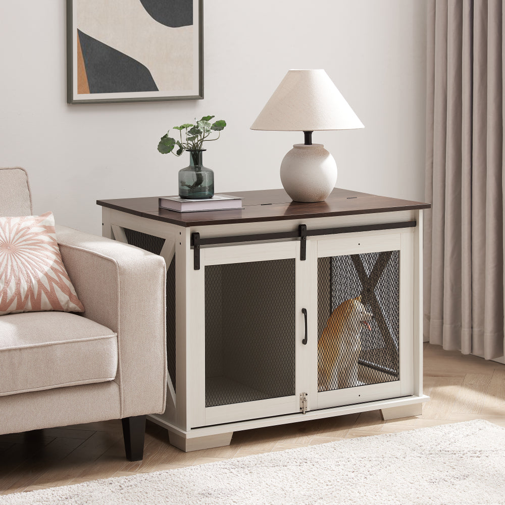 Farmhouse Dog Cage Crate Furniture with Sliding Barn Door, Farmhouse Wooden Dog Kennel End Table with Flip-top Plate Dog House with Detachable Divider for Small/Medium/Large Dog Gray