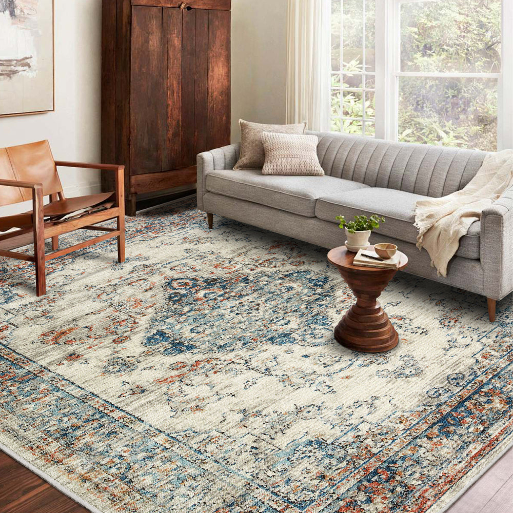 Area Rug 5x7 Vintage Bohemia Large Persian Non-slip Washable Rug For Living Room Kitchen Bedroom Living Room Flower Design Blue/Yellow