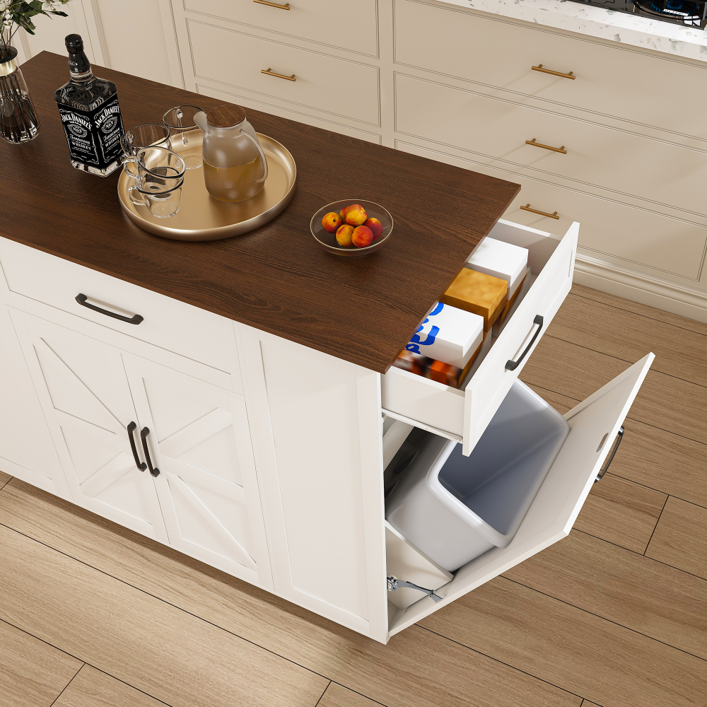 46" Kitchen Island on Wheels with Storage & Power Outlet - Movable Rustic Breakfast Bar Table, Wood Top with Adjustable Shelf & Drawer for Kitchen Dining Living Room, White