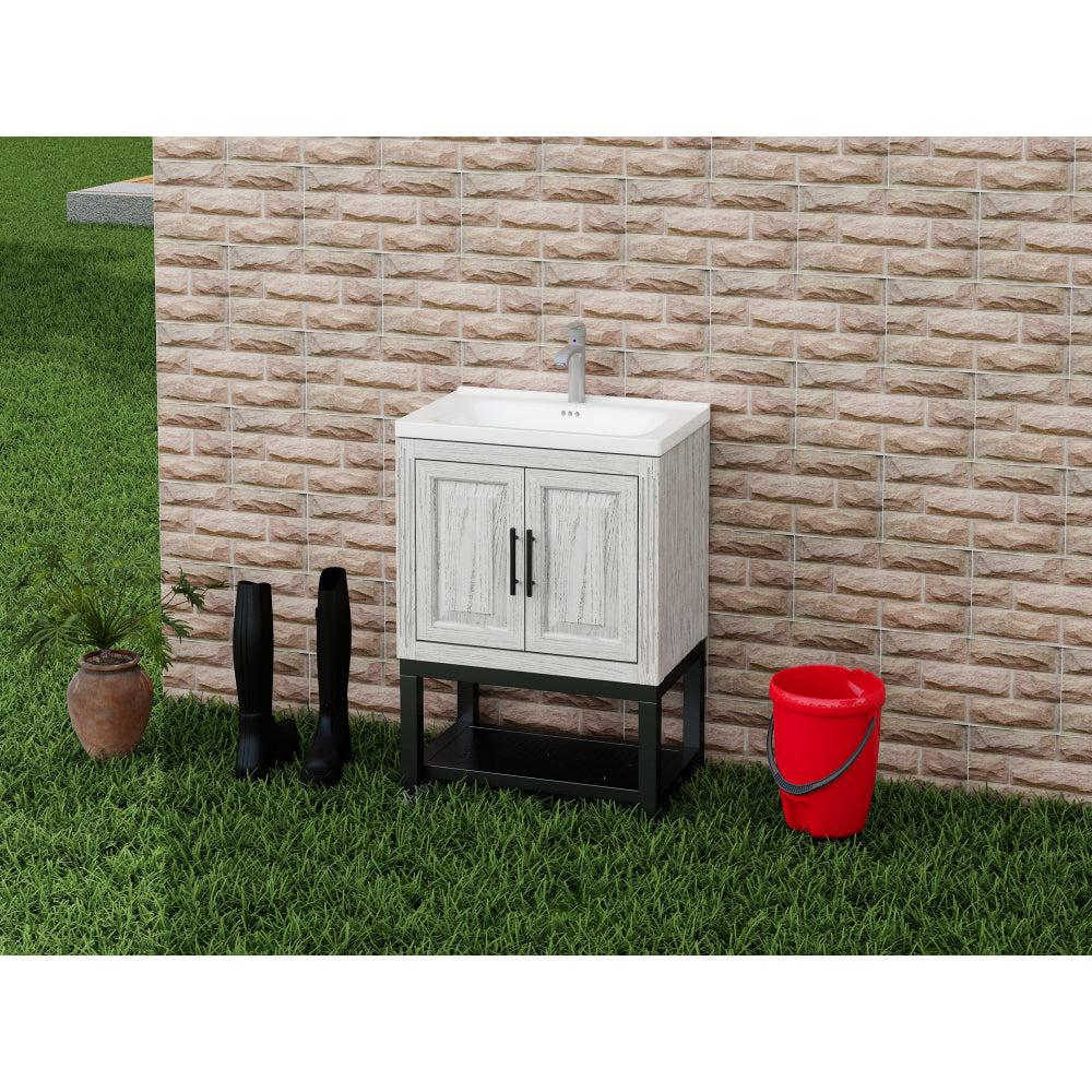 24" Bathroom Vanity with White Ceramic Sink & Hot and Cold Faucet , Freestanding Bathroom Cabinet with 2 Storage Doors and Open iron Shelf for Bathroom