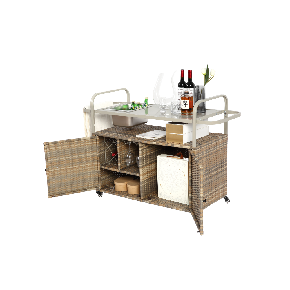 Outdoor Bar Table, Wicker Bar Cart with Cabinet, Patio Serving Cart with steel Top, with one ice bucket,Lockable Wheels, Side Basket for Garden, Poolside & Backyard, Beige