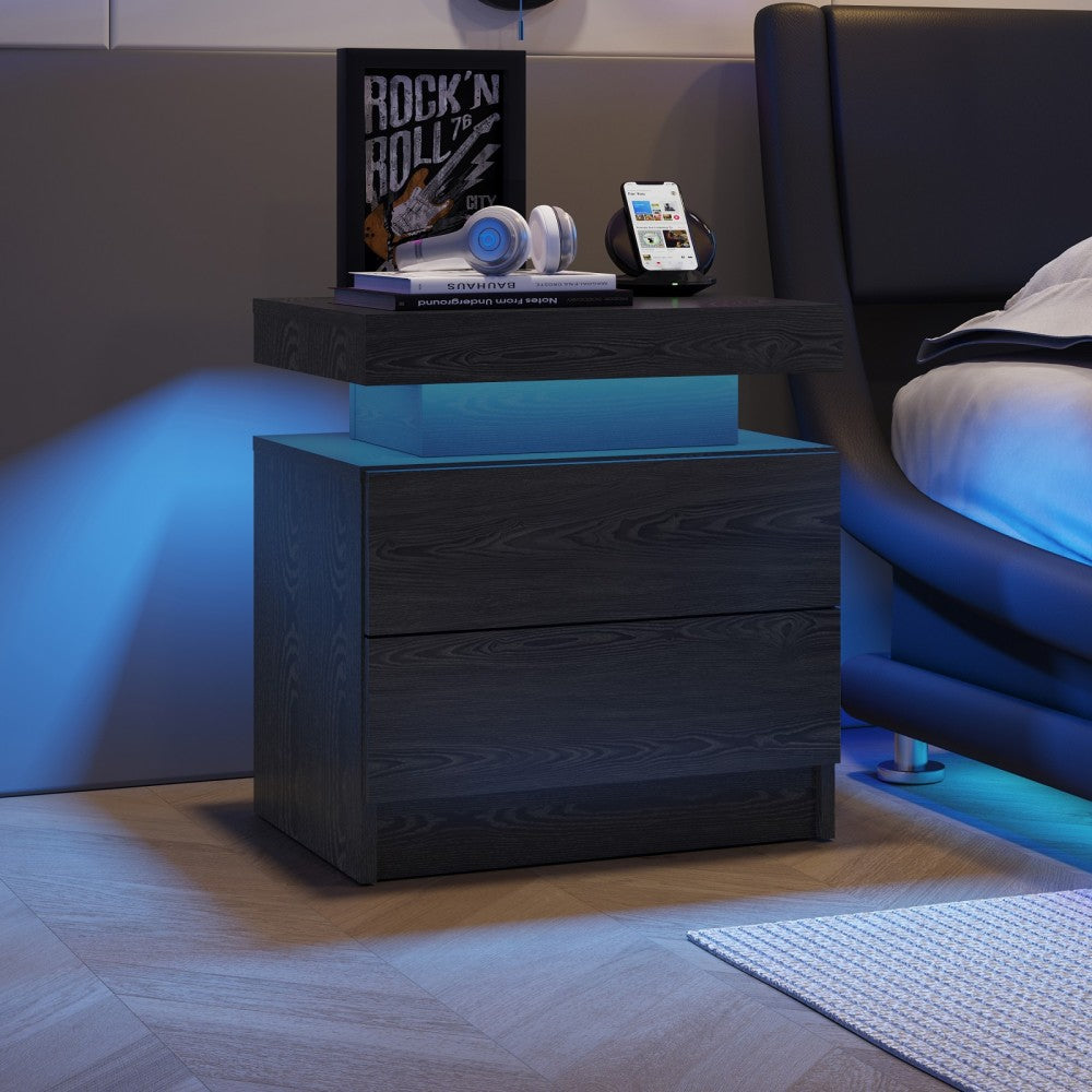 Nightstand LED Bedside Table Cabinet Lights Modern End Side with 2 Drawers for Bedroom (White)