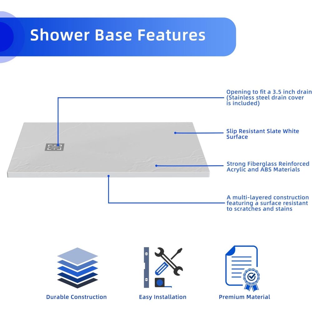Goodyo 32"x48" White ABS & Acrylic Shower Base with Drain kit and Stainless Steel Cover