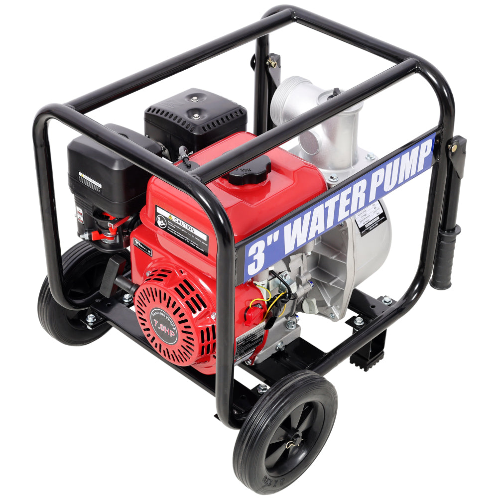 Gas Engine Powered Water Pump 3" inlet&outlet, Flow:264Gpm , 7HP Engine 212CC, EPA Certificated, 3in NPT Connector, 3in to 2in coupler 2in1, 50 ft Discharge Hose, 12 ft Suction Hose, Wheels and Handle