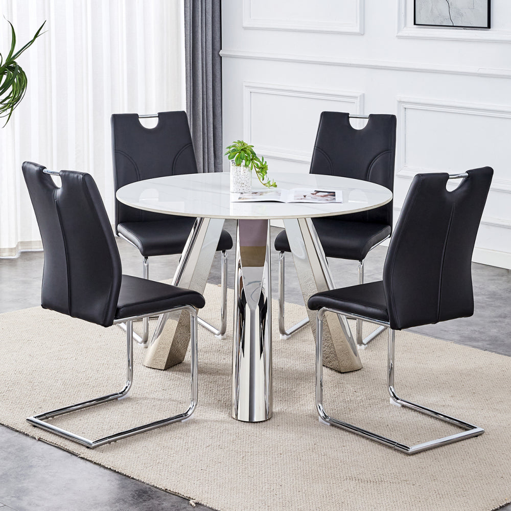 42-inch Sintered Stone Dining Table and Chair Set Mirror-polished Stainless Steel Base 4 Black PU Chairs Modern Luxury Round Dining Table Series