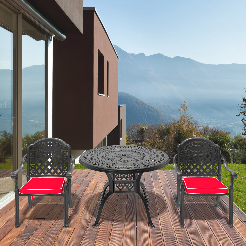 Ø39.37-inch Cast Aluminum Patio Dining Table With Black Frame and Umbrella Hole