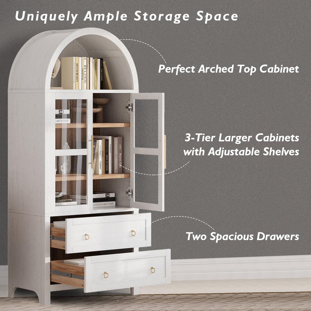 K&K 71" Tall Arched Kitchen Pantry Cabinet with 2 Large Drawers, Modern Farmhouse Kitchen Storage Cabinets with Adjustable Shelves, Glass Door, Wood Versatile Cupboard for Kitchens, Dining Room, White