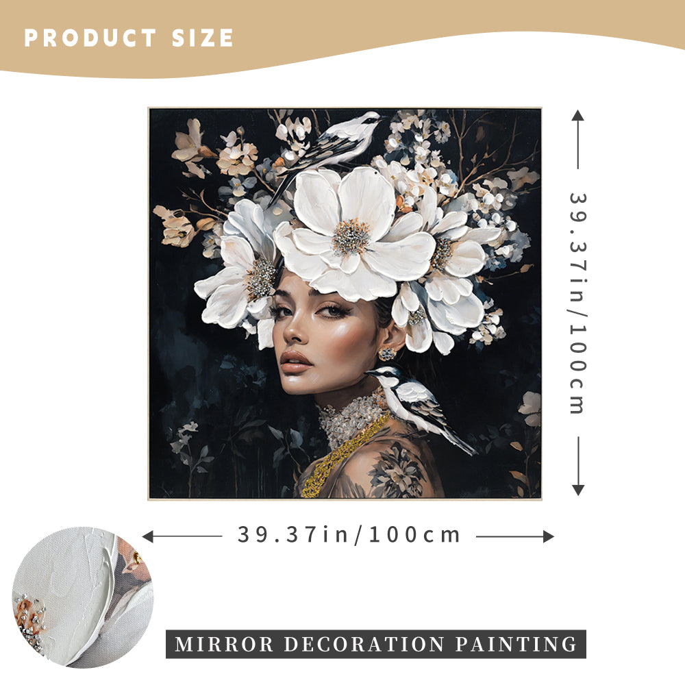 Floral Woman Canvas Wall Art Black and White Bird Tattoo Portrait Modern Aesthetic Artwork for Living Room Bedroom Office Art oil painting decorative picture