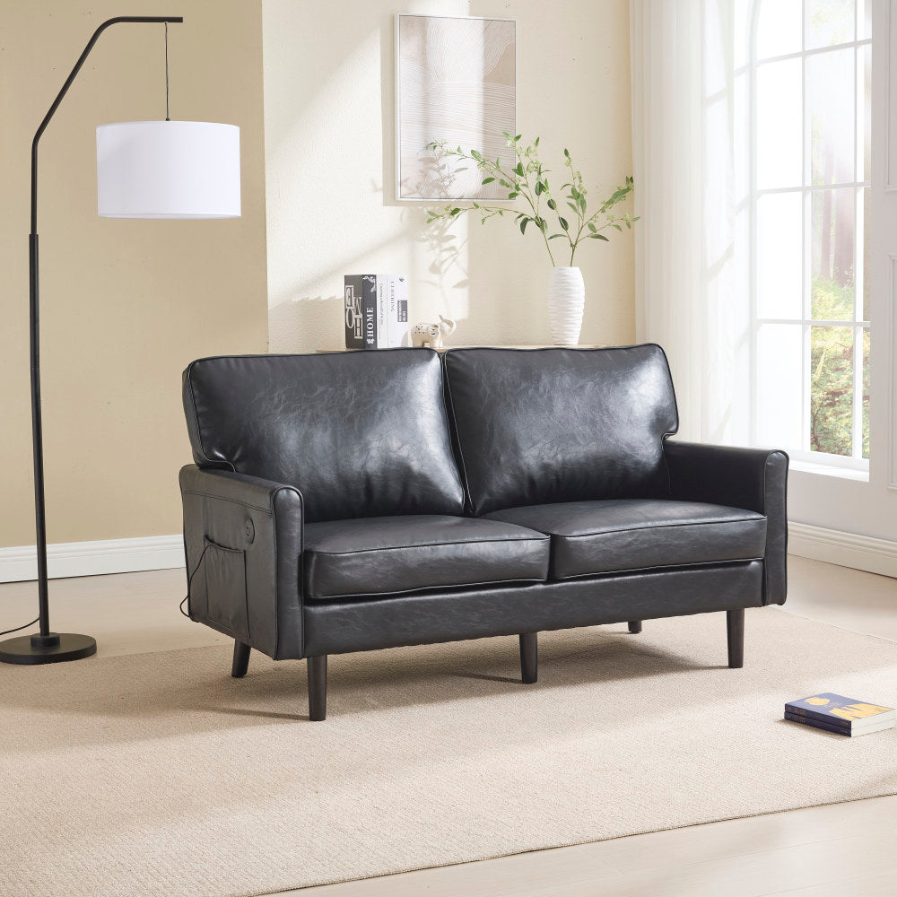 Loveseat Sofa, Mid Century Modern Love Seat, 2 Seater Sofa Couches for Living Room, Small Couch with USB & Removable Pillow Cover, Comfy Couch for Bedroom, Apartment (Beige)