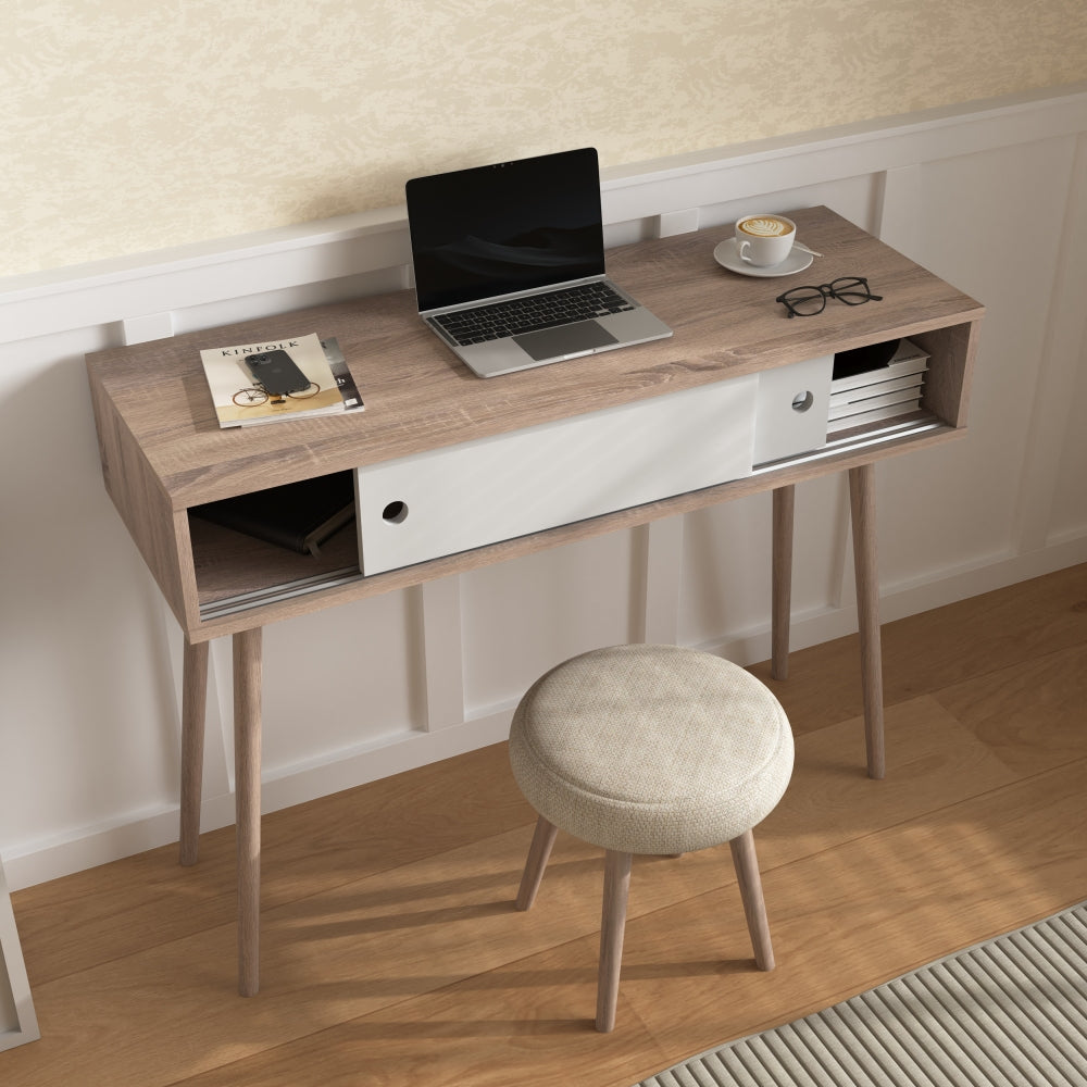 Entryway Table with 2 White Sliding Doors, Console Table with Storage Space and Wood Legs,Sofa Table Behind Couch for Hallway, Living Room, Natural Color