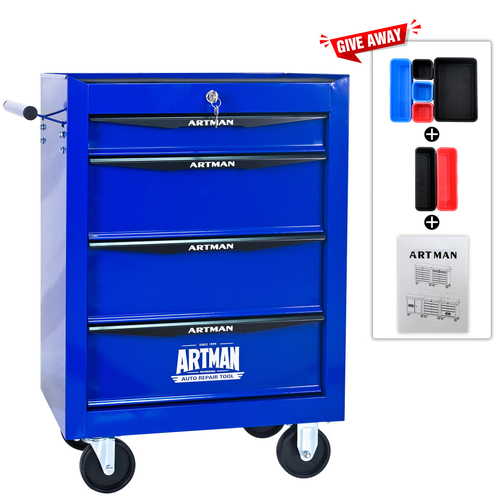 Rolling Metal Tool Chest with 4 Drawers, 20" 4-Drawer Tool Chest Cabinet with Ball Bearing Drawer Slides, Steel Tool Storage Box Organizer -BLACK&BLUE