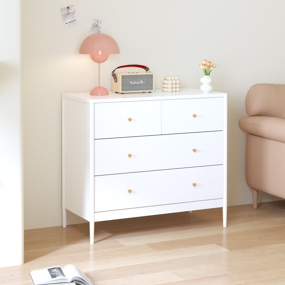 White 4-Drawer Kids Dresser, Wooden Storage Cabinet for Toddler Bedroom, Nursery, Closet, Baby Nightstand Organizer for Living Room or Apartment, 35.4" Wide