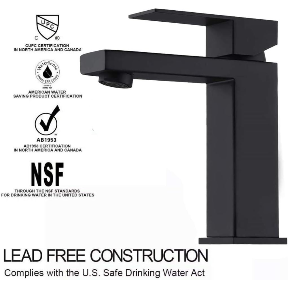 Single Handle Bathroom Faucet, Matte Black Single Hole Bathroom Faucet, Solid Brass Modern Bathroom Sink Faucet Basin Vanity Square Bathroom Faucet with Pop-up Drain & Water Supply Hoses