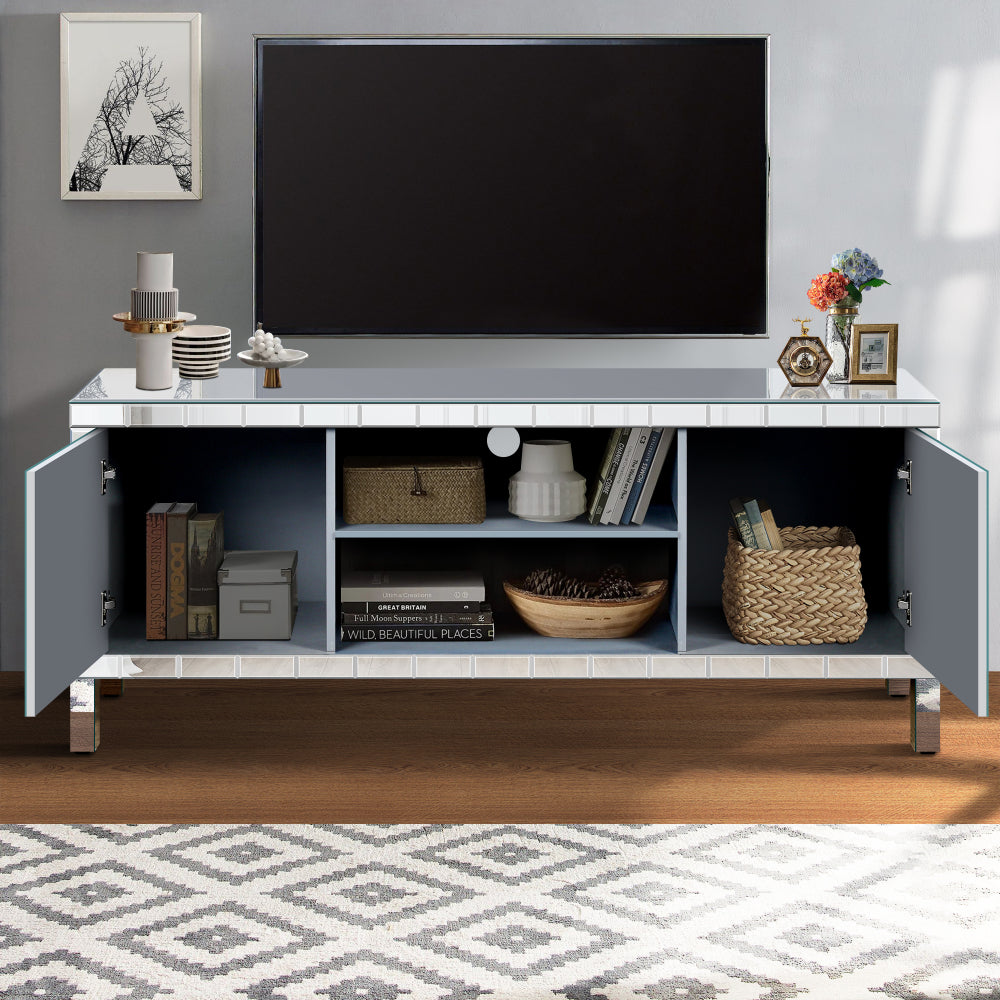 Mirrored TV Stand for 65+ inch TV,Sliver TV Console Table with Open Storage & 2 Storage Cabinets ,M Shape Sparkling Mirror Doors for Living Room(59''W x 25.2''H x 15.7D)