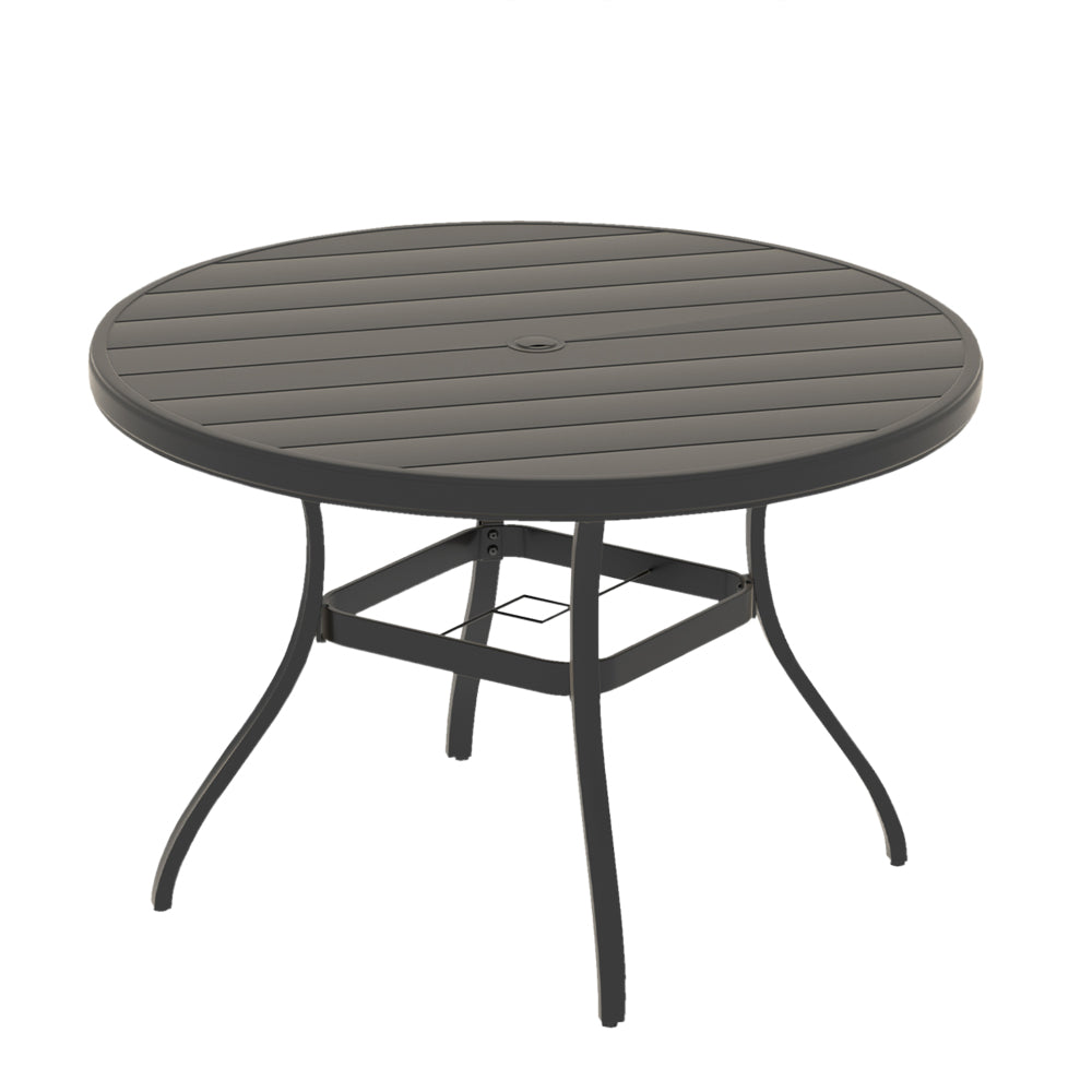 VRSHWO"Outdoor Round Patio Dining Table for 4-6, All Weather Metal Dining Table with Umbrella Hole for Deck Lawn Garden Backyard, Sandstone Color