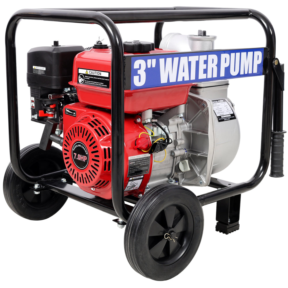 Gas Engine Powered Water Pump 3" inlet&outlet, Flow:264Gpm , 7HP Engine 212CC, EPA Certificated, 3in NPT Connector, 3in to 2in coupler 2in1, 50 ft Discharge Hose, 12 ft Suction Hose, Wheels and Handle