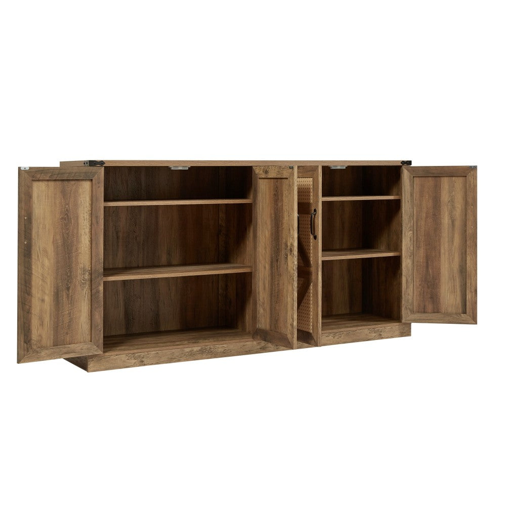 65-Inch Rustic Oak Color Faux Rattan Sideboard, Barn Door Rustic Style Sideboard, Living Room, Entryway, Bedroom, Dining Room Four Door Storage Cabinet