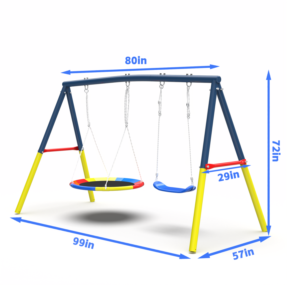 Swing Set for Backyard, 440lbs Swing Set with Heavy-Duty A-Frame Metal Outdoor Swing Stand, 1 Saucer Swing Seat & 1 Belt Swings Seat
