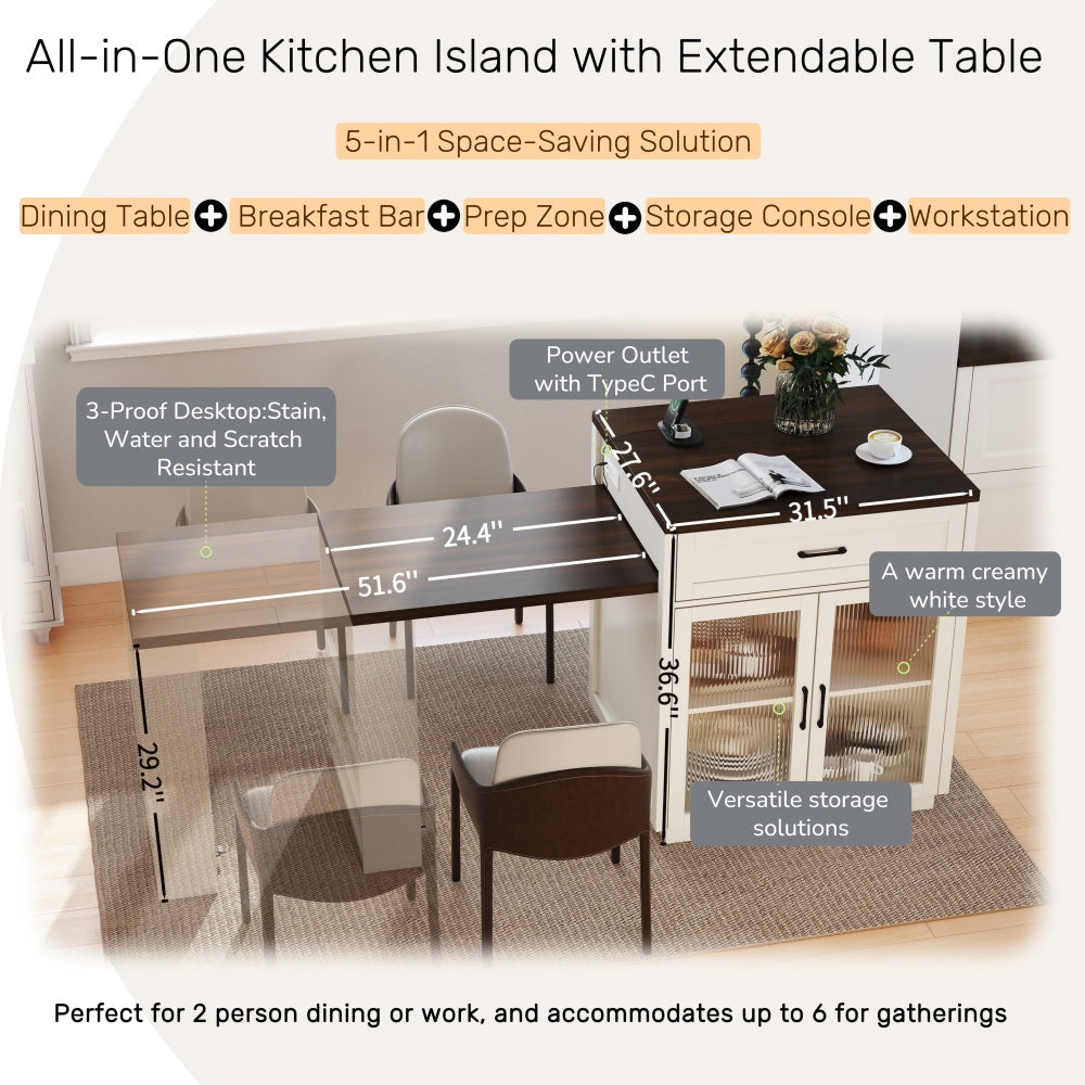 83.1'' Extendable Kitchen Island with Slide Out Table and Storage Racks for 2-6 Person,Kitchen Island with Tempered Glass Doors,Walnut Woodgrain Dining Table,Power Outlet,Bar,Prep Station(Cream White)