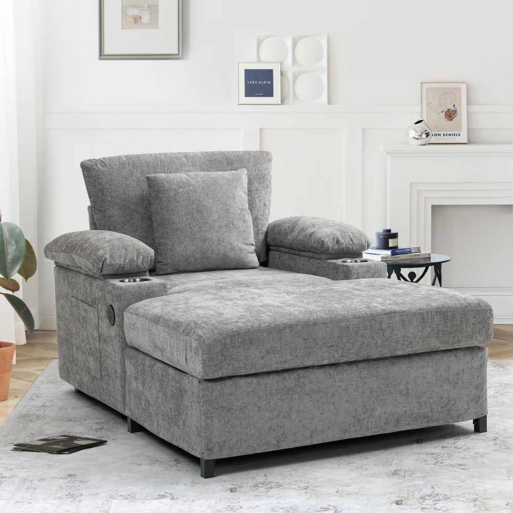 Modern Oversized Chair with Ottoman,Chenille Fabric Sofa Bed,Accent Chair Comfy Sofa with Cupholders and USB Charging Ports Chair for Living Room,Bedroom,Apartment