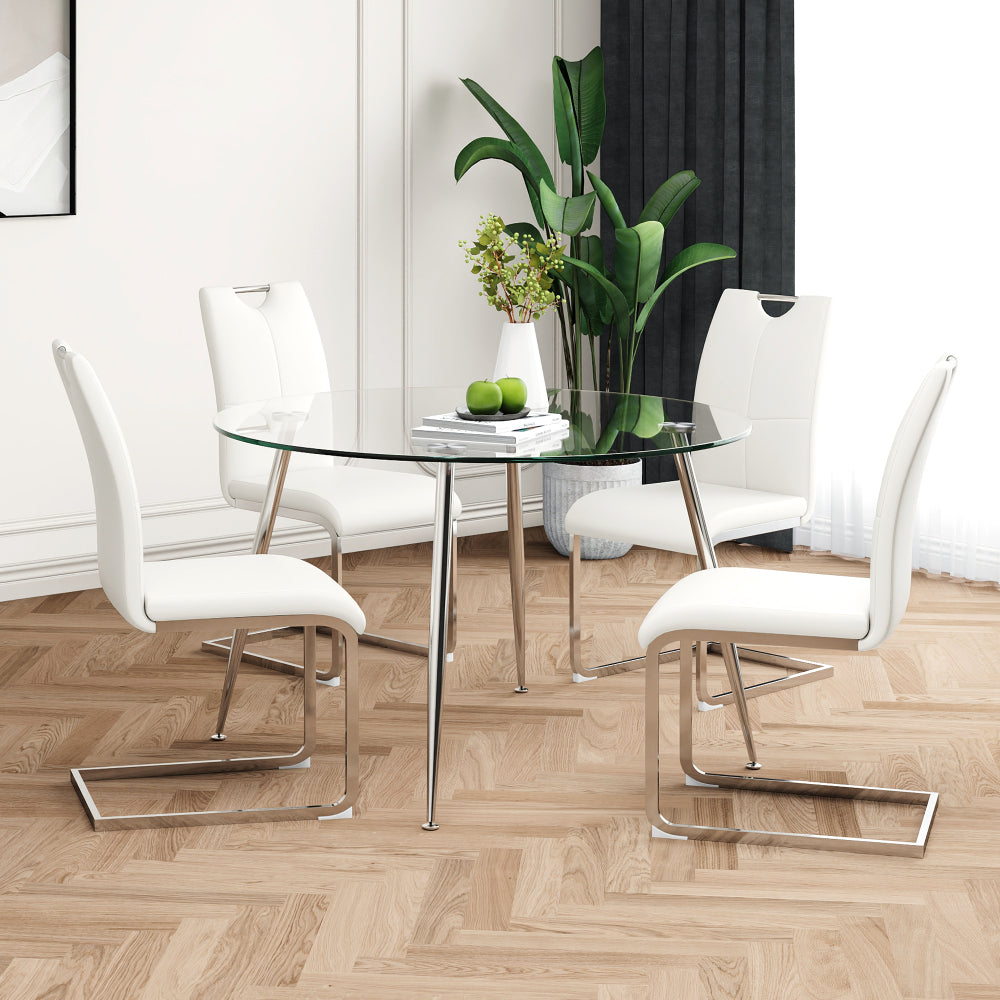 Modern simple round glass dining table, wear-resistant tempered glass countertop, gold-plated legs, grey PU dining chair set, suitable for restaurant kitchen use (set of 5)