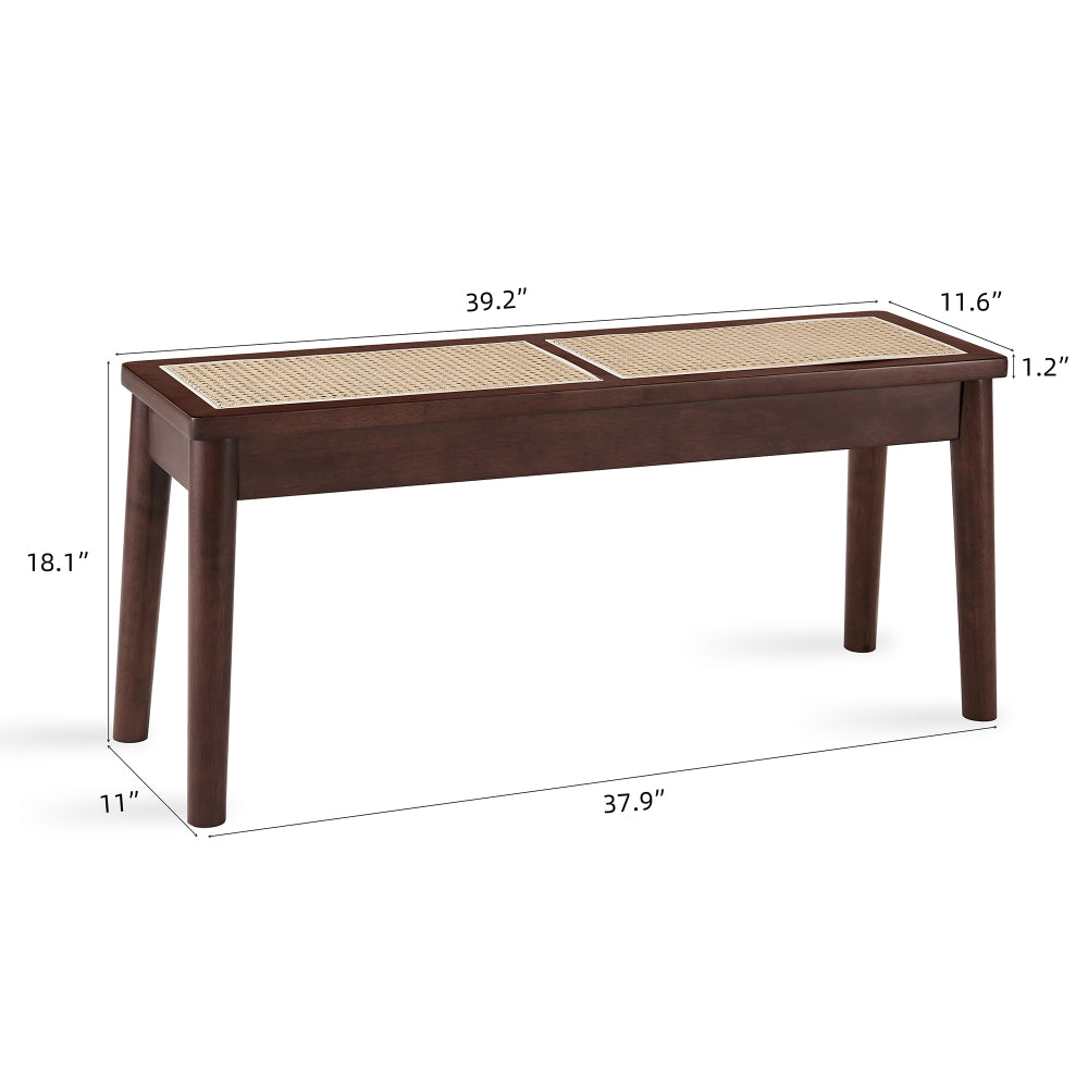 40 x 12 "wooden bench, walnut color, hand woven cane seat, solid wood bench for entrance, living room, kitchen and dining room, long bench, 18" high