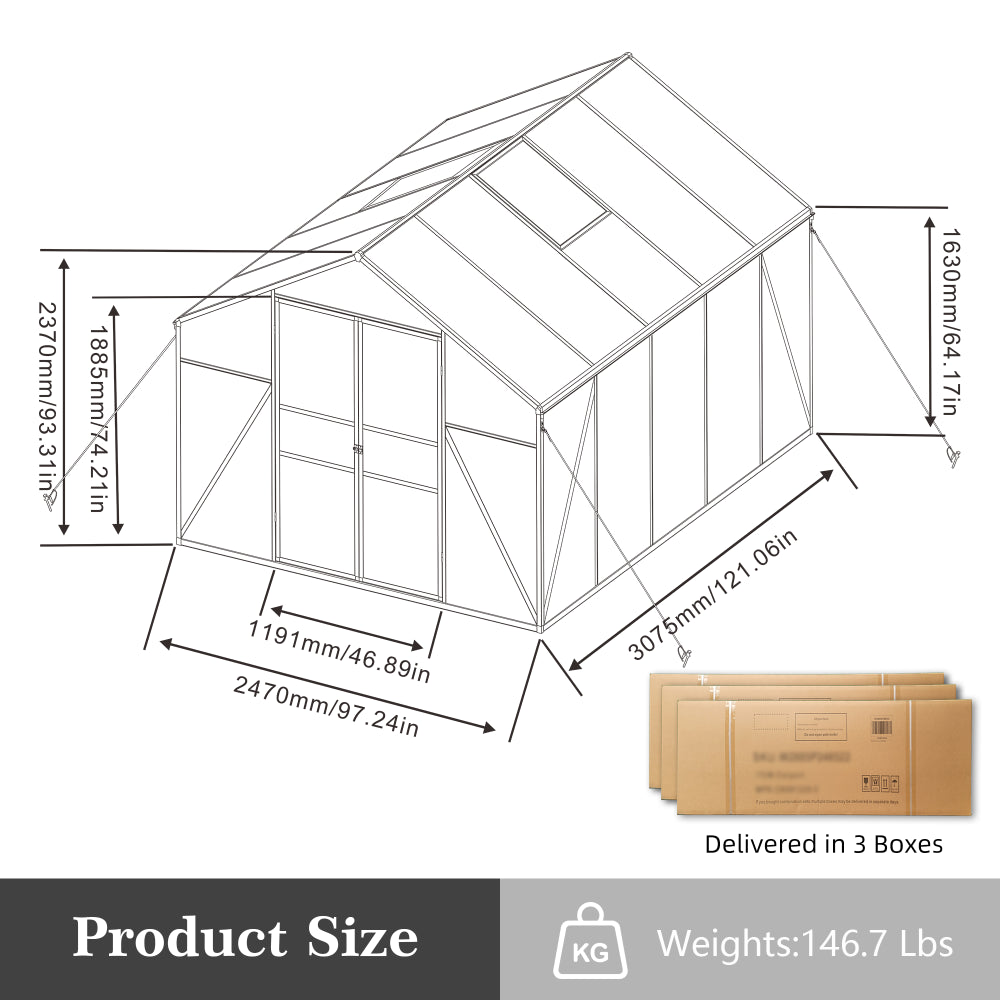 Newly Design Aluminum Frame greenhouse 8x10 FT Polycarbonate Greenhouse Heavy Duty Walk-in Greenhouses for Garden Backyard in All Season