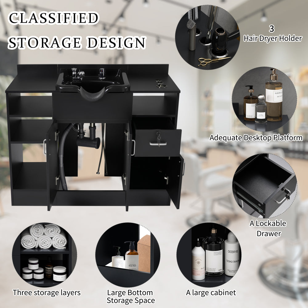 Shampoo Backwash Station for Salons,Salon Station with Shampoo Bowl & Storage Layer, Drawer,10V Outlets, USB Port, Faucet Sprayer, Salon Equipment for Spa Beauty